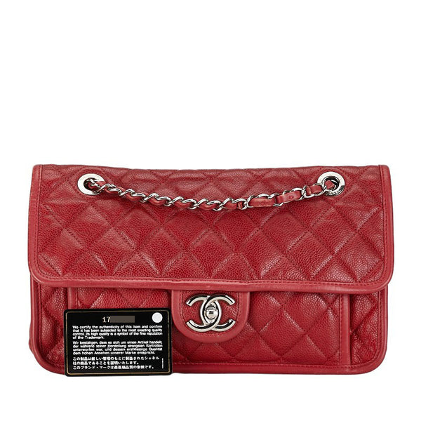 シャネル フレンチリビエラ マトラッセ チェーン ショルダーバッグ レッド キャビアスキン レディース CHANEL 【中古】