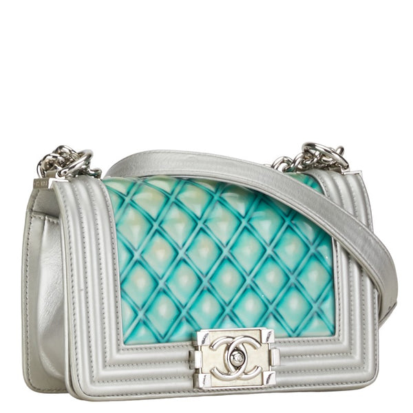 シャネル マトラッセ  ボーイシャネル ココマーク チェーン ショルダーバッグ グリーン シルバー エナメル レザー レディース CHANEL 【中古】
