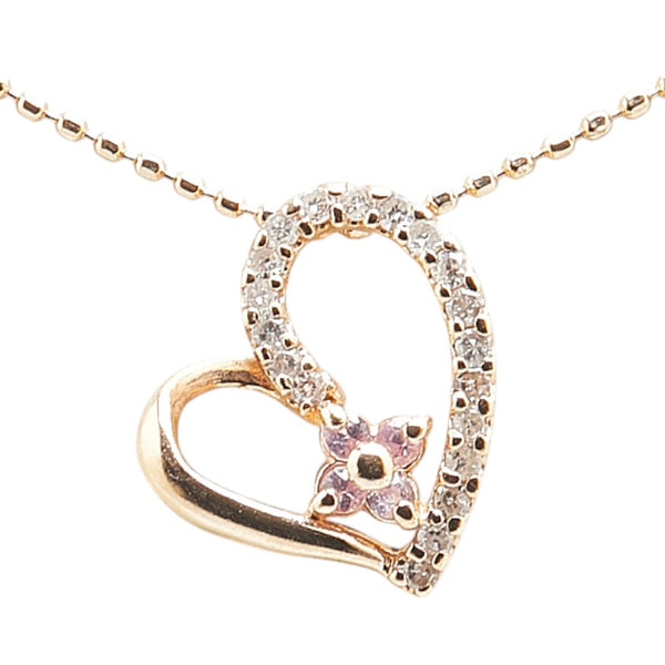 K14PG ピンクゴールド ピンクトルマリン ダイヤ0.10ct ハート モチーフ ペンダントネックレス レディース 【中古】