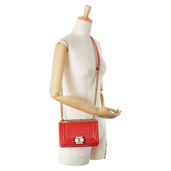 シャネル ボーイシャネル ココマーク 斜め掛け チェーン ショルダーバッグ レッド ラムスキン レディース CHANEL 【中古】