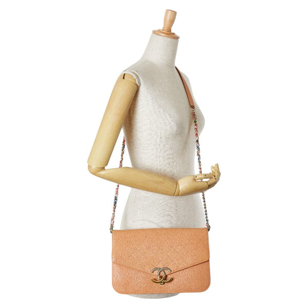 シャネル ハーフココ  斜め掛け チェーン ショルダーバッグ オレンジ ベージュ キャビアスキン レディース CHANEL 【中古】