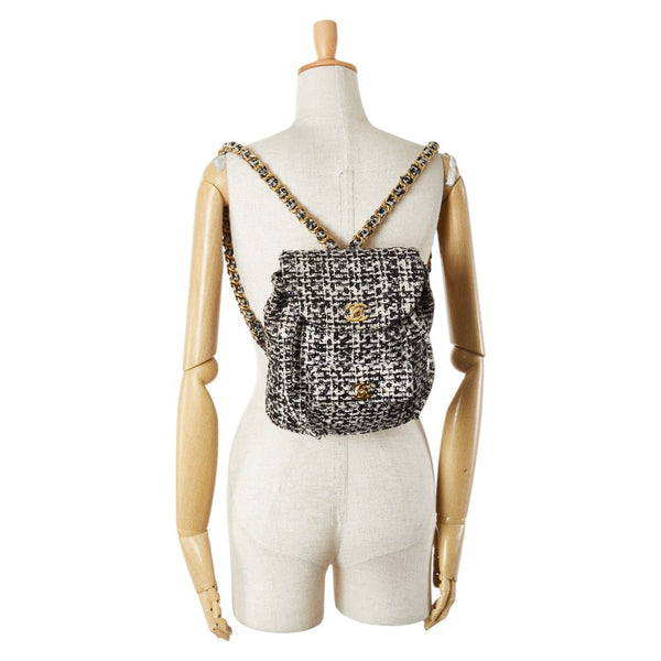 シャネル マトラッセ ココマーク ゴールド金具 チェーン リュック バックパック ブラック ホワイト ツイード スパンコール レディース CHANEL 【中古】