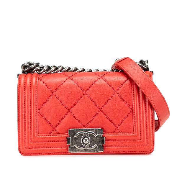 シャネル ボーイシャネル ワイルドステッチ チェーン ショルダーバッグ レッド ラムスキン レディース CHANEL 【中古】
