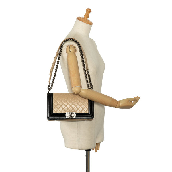 シャネル ボーイシャネル ココマーク チェーンショルダーバッグ ベージュ ブラック ラムスキン レディース CHANEL 【中古】