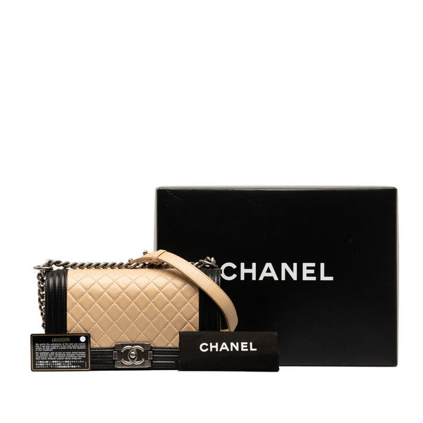 シャネル ボーイシャネル ココマーク チェーンショルダーバッグ ベージュ ブラック ラムスキン レディース CHANEL 【中古】
