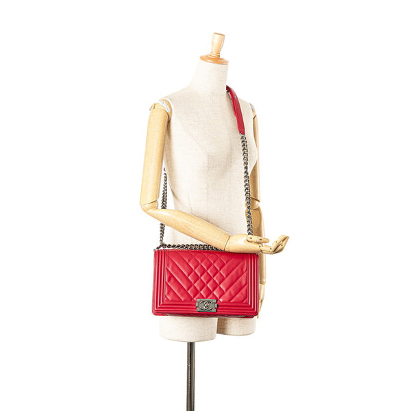 シャネル ボーイシャネル ココマーク チェーン ショルダーバッグ ハンドバッグ レッド ラムスキン レディース CHANEL 【中古】