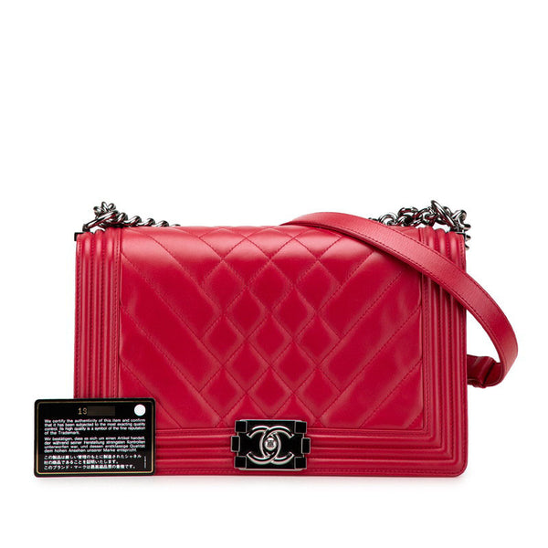 シャネル ボーイシャネル ココマーク チェーン ショルダーバッグ ハンドバッグ レッド ラムスキン レディース CHANEL 【中古】