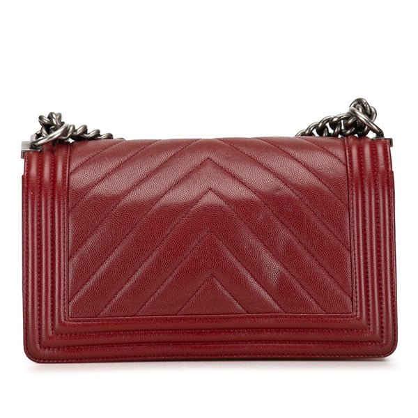 シャネル ボーイシャネル25 Vステッチ チェーンショルダーバッグ ワインレッド キャビアスキン レディース CHANEL 【中古】