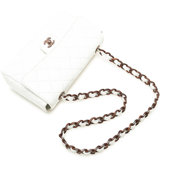 シャネル マトラッセ ココマーク ウッド チェーン ショルダーバッグ ホワイト ブラウン キャビアスキン レディース CHANEL 【中古】