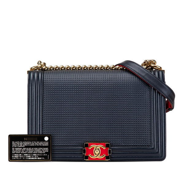 シャネル ボーイシャネル ココマーク チェーン ショルダーバッグ ハンドバッグ ネイビー レッド ラムスキン レディース CHANEL 【中古】