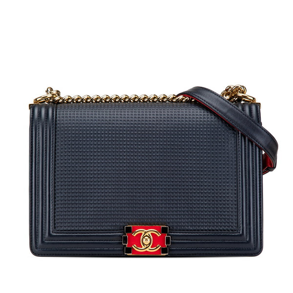 シャネル ボーイシャネル ココマーク チェーン ショルダーバッグ ハンドバッグ ネイビー レッド ラムスキン レディース CHANEL 【中古】