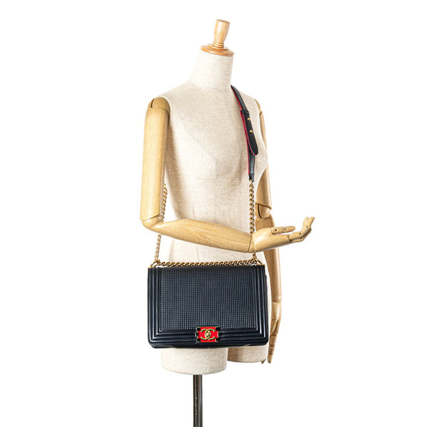 シャネル ボーイシャネル ココマーク チェーン ショルダーバッグ ハンドバッグ ネイビー レッド ラムスキン レディース CHANEL 【中古】