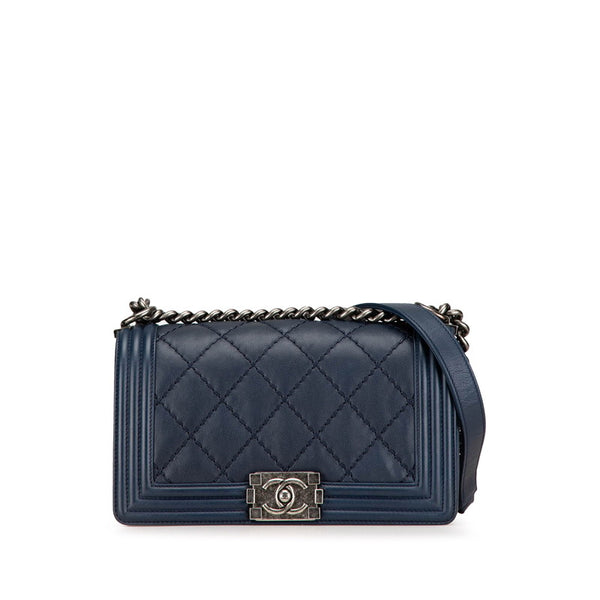 シャネル ボーイシャネル25  チェーン ショルダーバッグ ネイビー レザー レディース CHANEL 【中古】