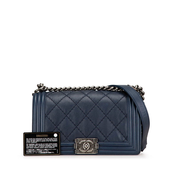 シャネル ボーイシャネル25  チェーン ショルダーバッグ ネイビー レザー レディース CHANEL 【中古】