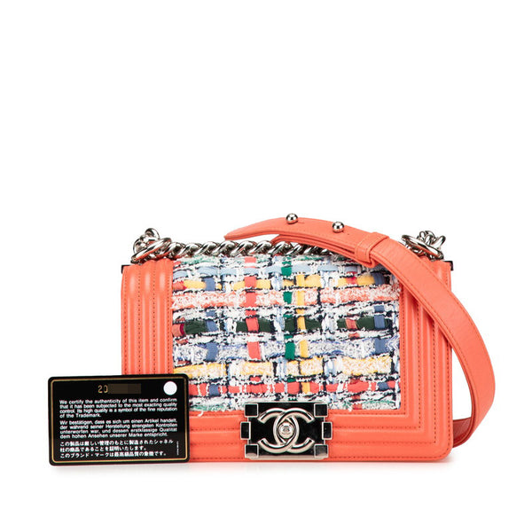 シャネル ボーイシャネル ココマーク チェーン ショルダーバッグ コーラルオレンジ マルチカラー ツイード レザー レディース CHANEL 【中古】