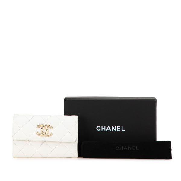 シャネル マトラッセ ココマーク カードケース ホワイト ゴールド キャビアスキン レディース CHANEL 【中古】
