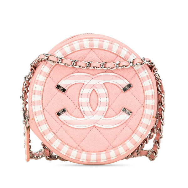 シャネル マトラッセ CCフィリグリー チェーン ポーチ ミニショルダーバッグ クロスボディバッグ ピンク ホワイト キャビアスキン レディース CHANEL 【中古】