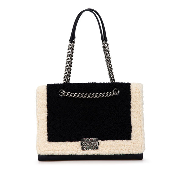 シャネル ボーイシャネル チェーン ハンドバッグ ブラック ホワイト ムートン レザー レディース CHANEL 【中古】