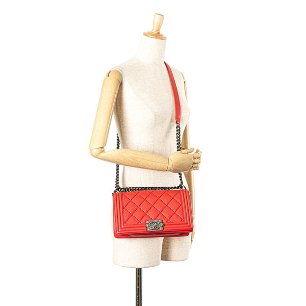 シャネル ボーイシャネル25 ワイルドステッチ 斜め掛け チェーン ショルダーバッグ レッド ラムスキン レディース CHANEL 【中古】