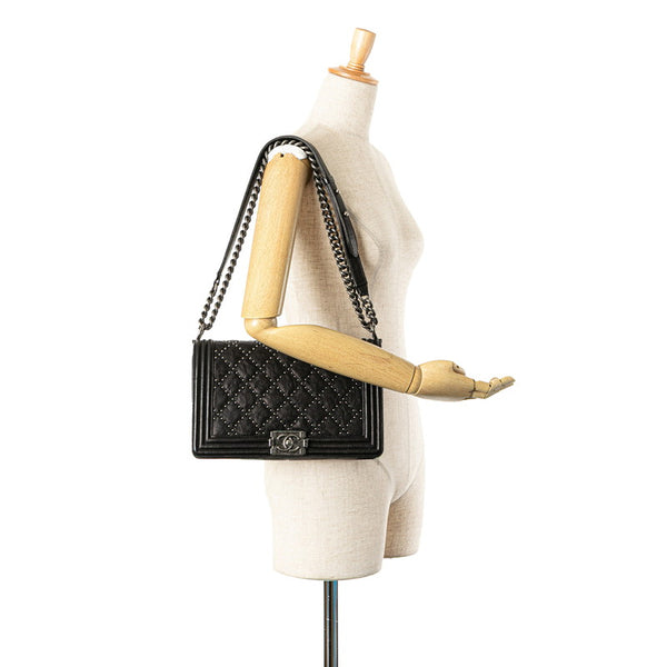 シャネル ボーイシャネル スタッズ チェーン ショルダーバッグ ハンドバッグ A67086 ブラック シルバー レザー レディース CHANEL 【中古】