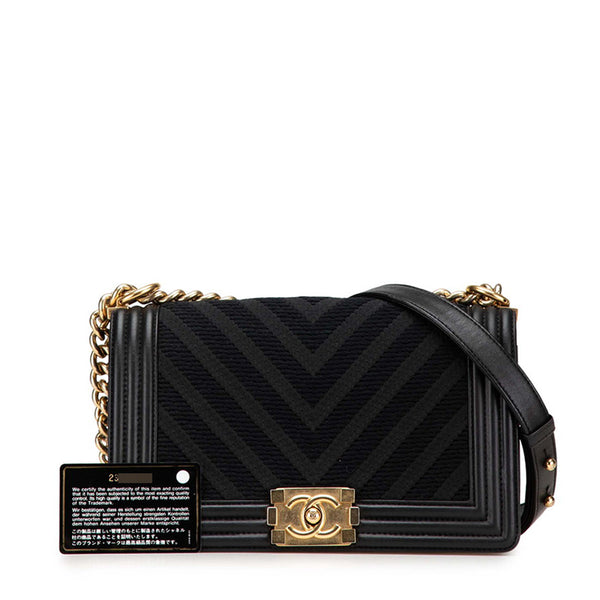 シャネル ボーイシャネル Vステッチ チェーン ショルダーバッグ ハンドバッグ ブラック レザー キャンバス レディース CHANEL 【中古】