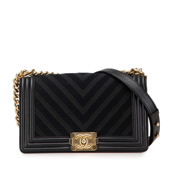 シャネル ボーイシャネル Vステッチ チェーン ショルダーバッグ ハンドバッグ ブラック レザー キャンバス レディース CHANEL 【中古】