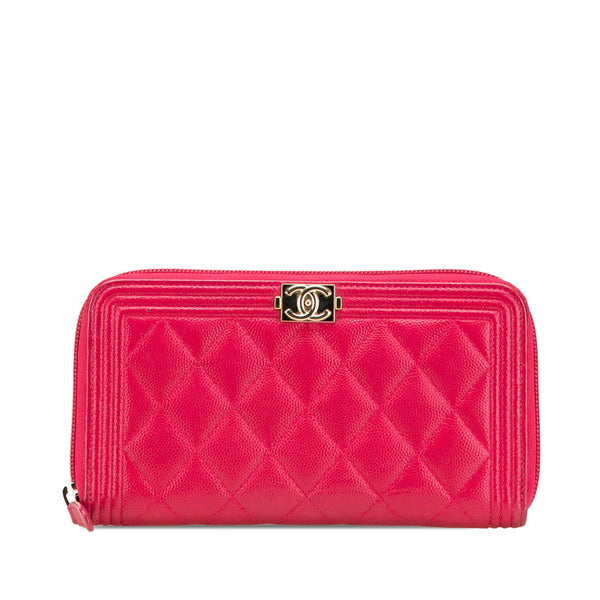 シャネル ボーイシャネル ココマーク ラウンドファスナー 長財布 ピンク キャビアスキン レディース CHANEL 【中古】