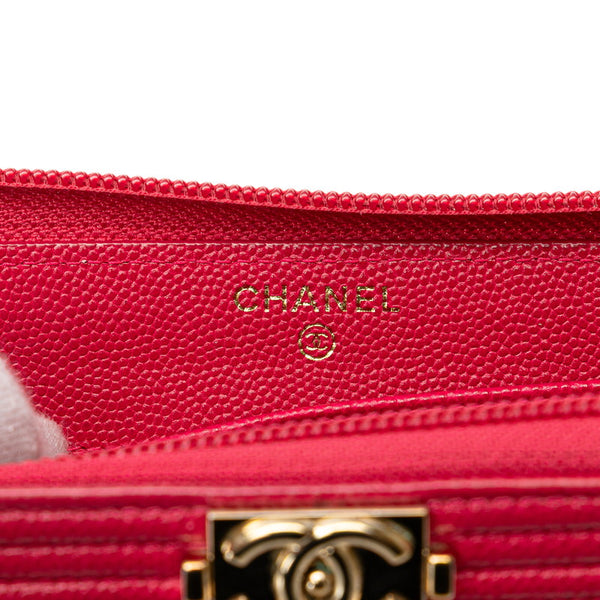 シャネル ボーイシャネル ココマーク ラウンドファスナー 長財布 ピンク キャビアスキン レディース CHANEL 【中古】
