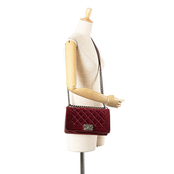シャネル ボーイシャネル25 ココマーク チェーン ショルダーバッグ ワインレッド ベロア レディース CHANEL 【中古】
