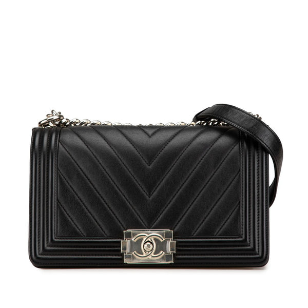 シャネル ボーイシャネル25 Vステッチ チェーン ショルダーバッグ  ブラック シルバー カーフスキン レディース CHANEL 【中古】