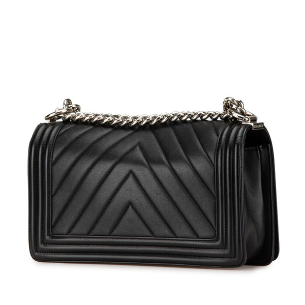 シャネル ボーイシャネル25 Vステッチ チェーン ショルダーバッグ  ブラック シルバー カーフスキン レディース CHANEL 【中古】