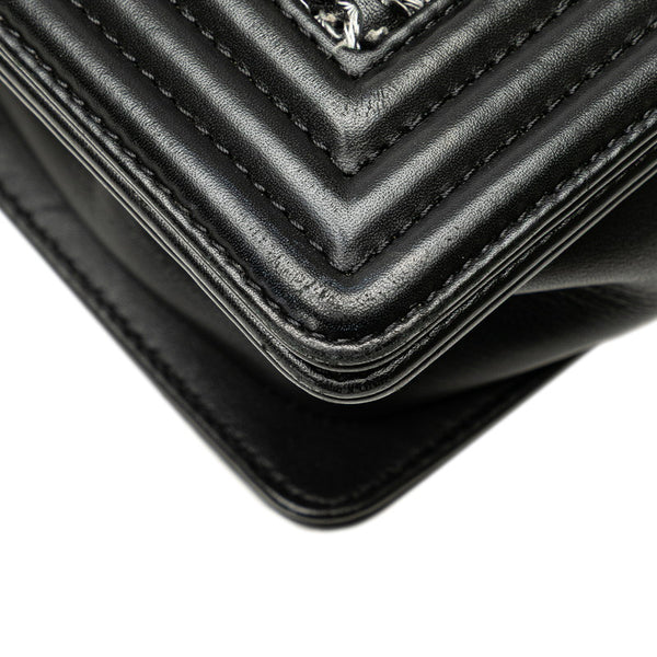 シャネル ボーイシャネル25  斜め掛け チェーン ショルダーバッグ ブラック ホワイト レザー ツイード レディース CHANEL 【中古】