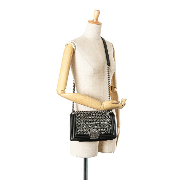 シャネル ボーイシャネル25  斜め掛け チェーン ショルダーバッグ ブラック ホワイト レザー ツイード レディース CHANEL 【中古】