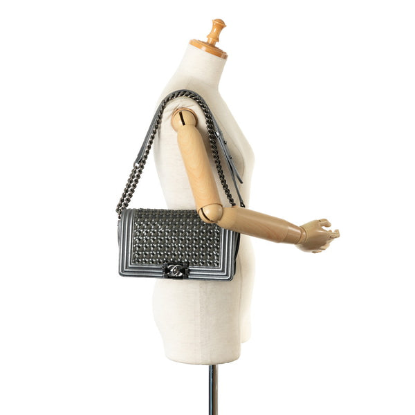 シャネル ボーイシャネル25 編み込み チェーンショルダーバッグ シルバー レザー スウェード レディース CHANEL 【中古】