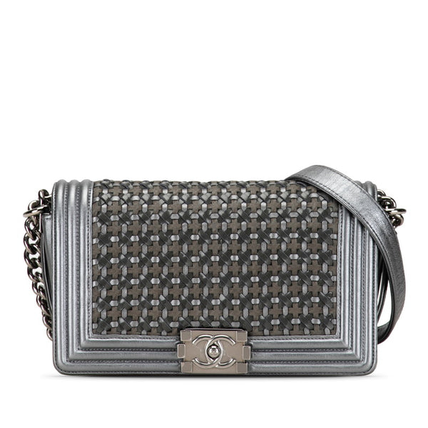シャネル ボーイシャネル25 編み込み チェーンショルダーバッグ シルバー レザー スウェード レディース CHANEL 【中古】