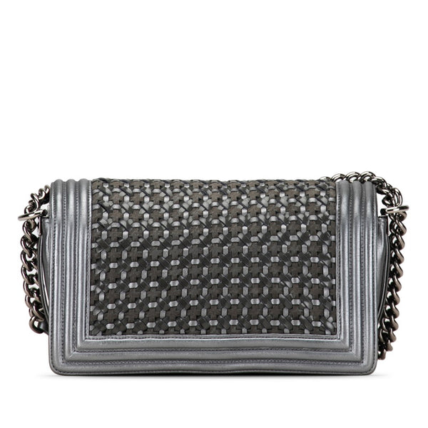 シャネル ボーイシャネル25 編み込み チェーンショルダーバッグ シルバー レザー スウェード レディース CHANEL 【中古】