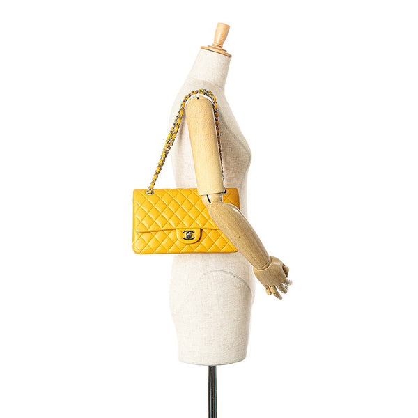 シャネル マトラッセ ココマーク Wフラップ チェーン ショルダーバッグ イエロー シルバー ラムスキン レディース CHANEL 【中古】