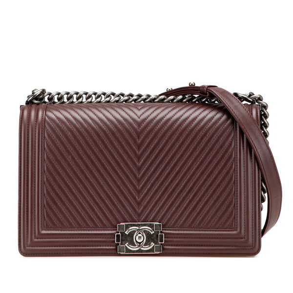 シャネル ボーイシャネル Vステッチ ココマーク チェーン ショルダーバッグ ワインレッド ボルドー ラムスキン レディース CHANEL 【中古】