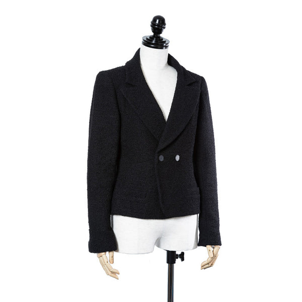 シャネル ブラック ウール ナイロン ノーカラージャケット レディース CHANEL 【中古】