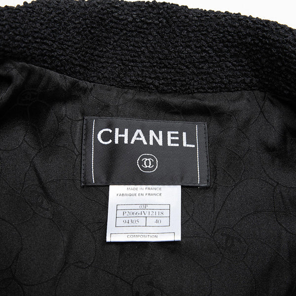 シャネル ブラック ウール ナイロン ノーカラージャケット レディース CHANEL 【中古】