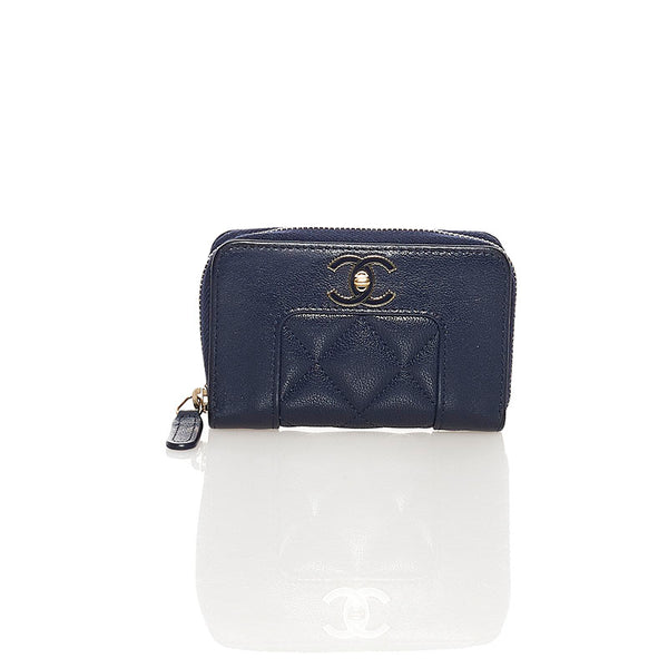 シャネル マトラッセ ココマーク コインケース 小銭入れ コンパクトウォレット ネイビー レザー レディース CHANEL 【中古】