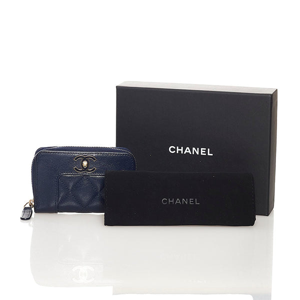 シャネル マトラッセ ココマーク コインケース 小銭入れ コンパクトウォレット ネイビー レザー レディース CHANEL 【中古】
