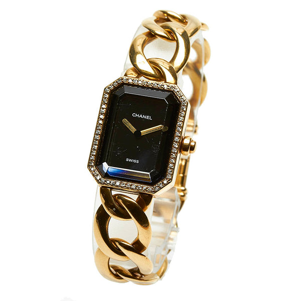 シャネル プルミエール L ダイヤ 腕時計 H0113 クオーツ ブラック文字盤 K18YG イエローゴールド レディース CHANEL 【中古】