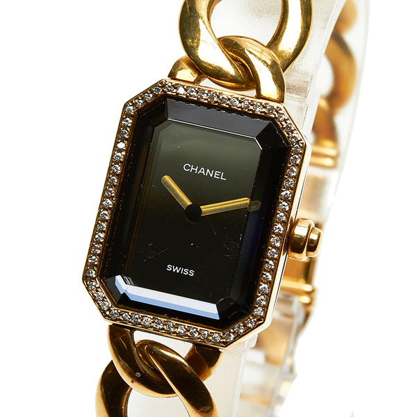シャネル プルミエール L ダイヤ 腕時計 H0113 クオーツ ブラック文字盤 K18YG イエローゴールド レディース CHANEL 【中古】