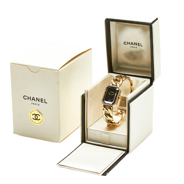 シャネル プルミエール L ダイヤ 腕時計 H0113 クオーツ ブラック文字盤 K18YG イエローゴールド レディース CHANEL 【中古】
