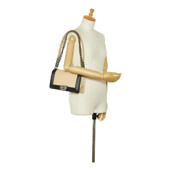 シャネル ボーイシャネル ココマーク バイカラー チェーン ショルダーバッグ ベージュ ブラック ラムスキン レディース CHANEL 【中古】