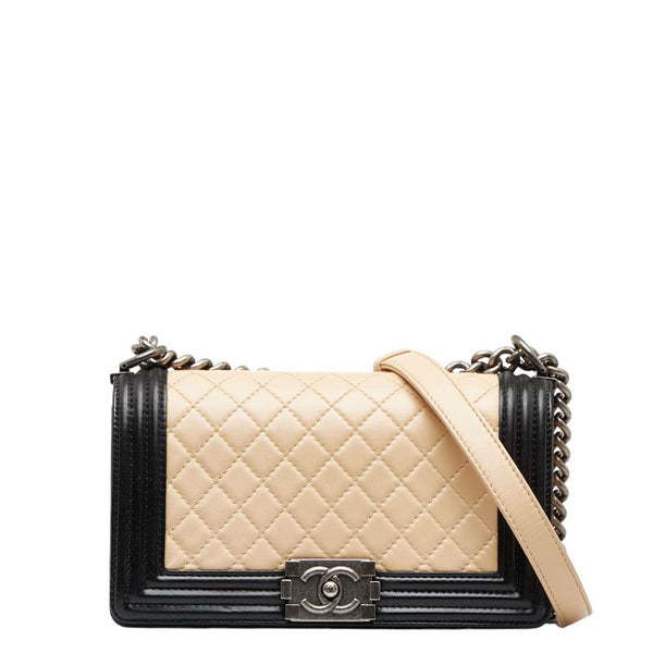 シャネル ボーイシャネル ココマーク バイカラー チェーン ショルダーバッグ ベージュ ブラック ラムスキン レディース CHANEL 【中古】