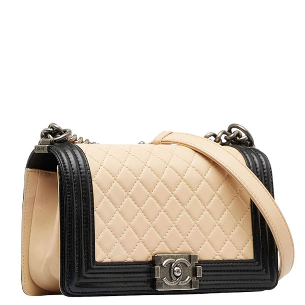 シャネル ボーイシャネル ココマーク バイカラー チェーン ショルダーバッグ ベージュ ブラック ラムスキン レディース CHANEL 【中古】