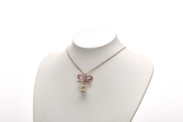 シャネル フェイクパール リボンモチーフ ピンク ゴールド メタル ネックレス レディース CHANEL 中古