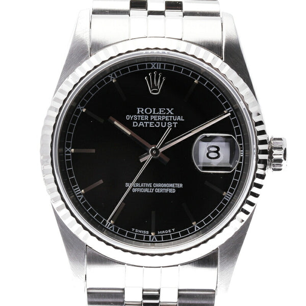 ロレックス オイスターパーペチュアル デイトジャスト 16234 シルバー ステンレススチール K18WG ホワイトゴールド 腕時計 メンズ ROLEX 自動巻き ブラック文字盤 中古